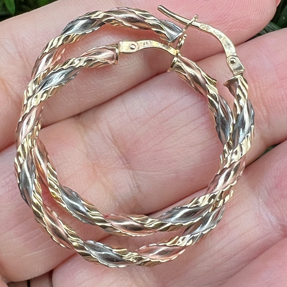 VINTAGE14K TRI COLOR WHITE ROSE YELLOW GOLD LARGE HOOPS STATEMENT EARRINGS ITALY